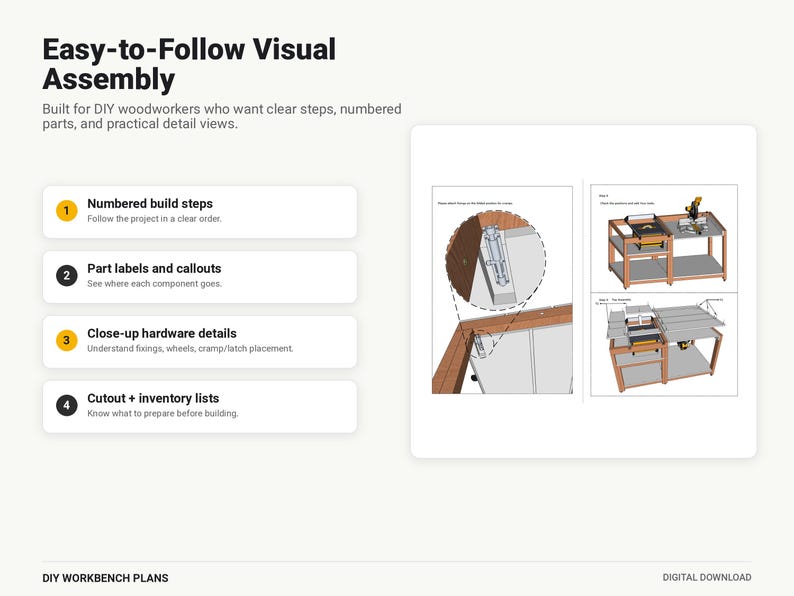 May include: Digital download of DIY workbench plans featuring Easy-to-Follow Visual Assembly. Includes numbered build steps, part labels, callouts, close-up hardware details, and cutout inventory lists with technical illustrations of a workbench.