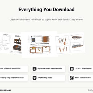 May include: Digital download of DIY workbench plans featuring technical drawings with metric and imperial dimensions, a step-by-step assembly manual, a 3D SketchUp model, a cut list, an inventory list, and three separate sled plans for woodworking projects.