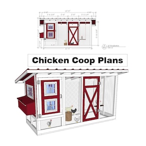 Puede incluir: Planos detallados de gallinero con dimensiones. El diseño presenta un gallinero rojo y blanco con techo inclinado, ventanas y puerta. El texto "Chicken Coop Plans" se muestra encima de la ilustración.