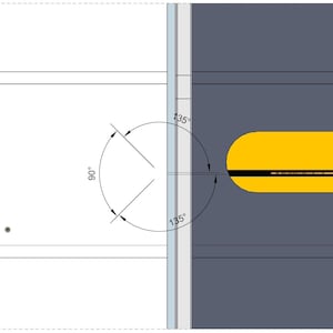 May include: A technical diagram showing a top-down view of a table saw insert. The image features a dark gray surface, a bright yellow throat plate with a central slot, and two brown wood panels. Technical lines indicate angles of 90 and 135 degrees.