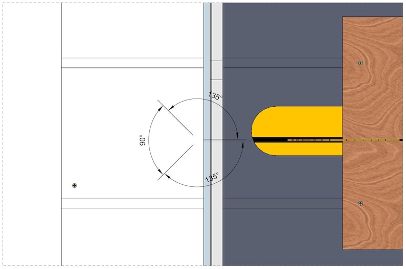 May include: A technical diagram showing a top-down view of a table saw insert. The image features a dark gray surface, a bright yellow throat plate with a central slot, and two brown wood panels. Technical lines indicate angles of 90 and 135 degrees.