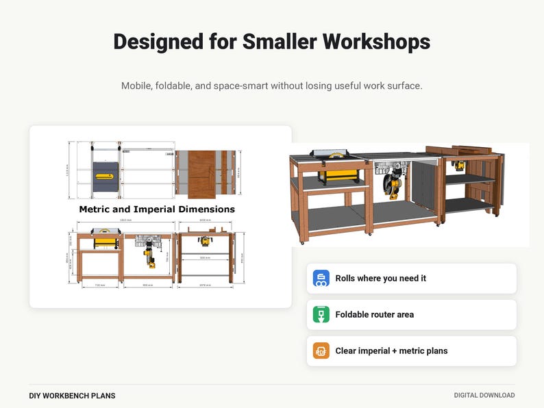 May include: Digital download of DIY workbench plans featuring a mobile, foldable design for small workshops. Includes technical diagrams with metric and imperial dimensions, a 3D rendering of the wooden structure, and icons for mobility and router storage.