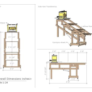 May include: A line drawing of a woodworking bench with a thickness planer and a transforming table. The bench is 6 feet 5 1/2 inches tall and the table is 2 feet 10 5/8 inches tall. The bench has four shelves and the table has a base frame with wheels.