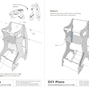 May include: DIY plans for a wooden rocking horse chair. The image shows detailed assembly instructions with diagrams, including measurements in inches and centimeters. Text includes "DIY Plans" and the Etsy shop name.