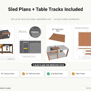 May include: Digital DIY workbench plans featuring Sled Plans + Table Tracks Included. The document displays diagrams for a 90-degree crosscut sled, 45-degree table saw sled, and long board sled, including dimensions, inventory lists, and assembly views.