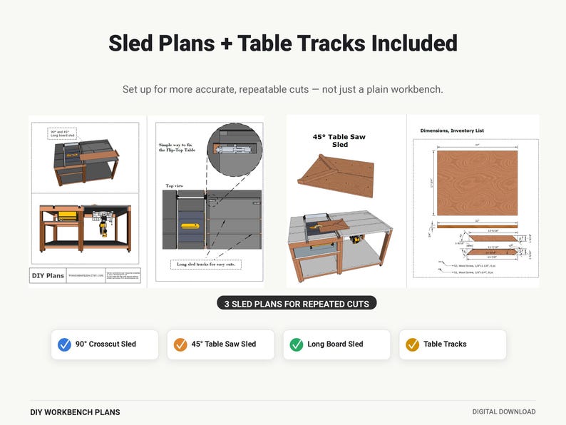 May include: Digital DIY workbench plans featuring Sled Plans + Table Tracks Included. The document displays diagrams for a 90-degree crosscut sled, 45-degree table saw sled, and long board sled, including dimensions, inventory lists, and assembly views.