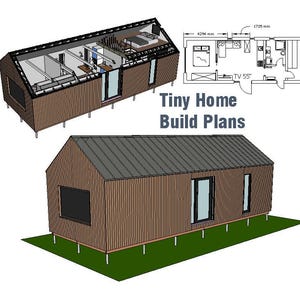 Plans de cabane modernes avec loft 12 x 4,5 m Construction de petites maisons et de cottages à faire soi-même, modèle Sketchup et plans d'étage architecturaux