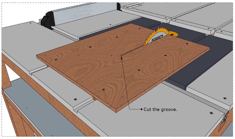 May include: A table saw with a light gray surface and a wooden frame features a circular yellow blade cutting into a rectangular piece of wood. A thin black line points to the wood with the text "Cut the groove." The setup includes a fence.