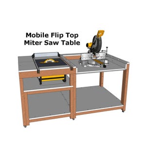 May include: A Mobile Flip Top Miter Saw Table featuring a wooden frame with two levels. The top surface holds a yellow and black miter saw and a table saw. The structure includes lower shelves and small wheels for mobility, presented as a 3D design.