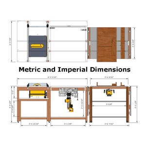 May include: A technical diagram of a modular woodworking workbench system with a table saw, miter saw, and router station. The illustration includes top and front views with detailed imperial measurements in feet and inches, labeled Metric and Imperial Dimensions.