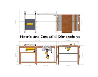 May include: A technical diagram of a modular woodworking workbench system with a table saw, miter saw, and router station. The illustration includes top and front views with detailed imperial measurements in feet and inches, labelled Metric and Imperial Dimensions.