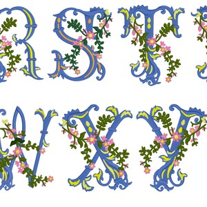 K&ouml;nnte beinhalten: Ein Satz von blauen, gelben und gr&uuml;nen floralen Buchstaben des Alphabets von O bis Z mit einem dekorativen Schwung.