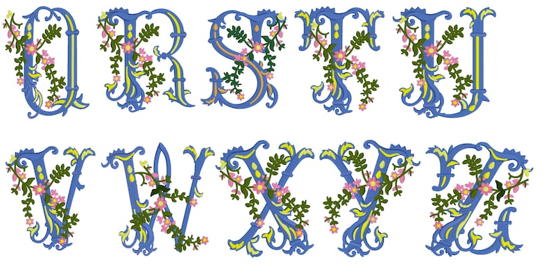 K&ouml;nnte beinhalten: Ein Satz von blauen, gelben und gr&uuml;nen floralen Buchstaben des Alphabets von O bis Z mit einem dekorativen Schwung.