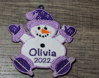 Custom Name Embroidered Snowman Ornament: Winter Tree Trimming
