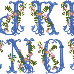 K&ouml;nnte beinhalten: Ein Satz blauer, verzierter, blumiger Buchstaben. Die Buchstaben sind K, M, N, O und P. Die Buchstaben sind mit rosa und gelben Blumen und gr&uuml;nen Bl&auml;ttern verziert.
