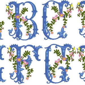 K&ouml;nnte beinhalten: Blaue florale Buchstaben A, B, C, D, E, F und H mit rosa und gelben Blumen und gr&uuml;nen Bl&auml;ttern.
