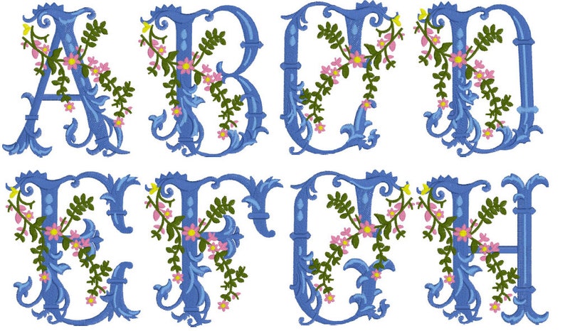 K&ouml;nnte beinhalten: Blaue florale Buchstaben A, B, C, D, E, F und H mit rosa und gelben Blumen und gr&uuml;nen Bl&auml;ttern.