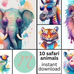 Clip Art Safari Animals, Printable Wall Art Set of 10. Wall Decor High-Resolution for Home Decor in Watercolor Rainbow Colors. Digital Art