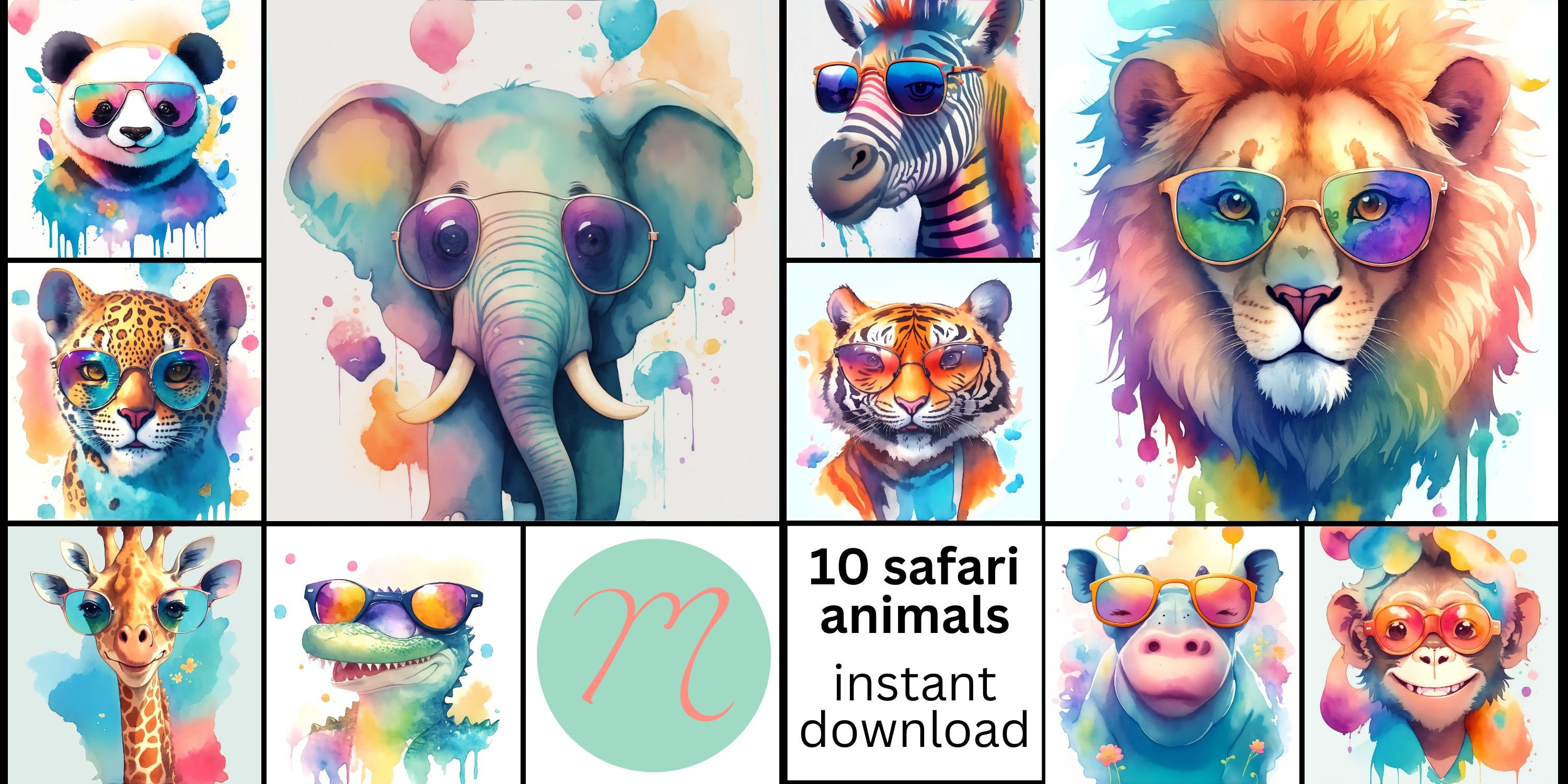 Clip Art Safari Animals, Printable Wall Art Set of 10. Wall Decor High ...
