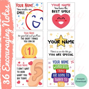 Personalisiertes druckbares Geschenk | Notizen zum Mittagessen für Kinder | Motivationskarten | Inspirierende Notizen für Kids & Tweens | Ermutigungskarten | 36 Notizen