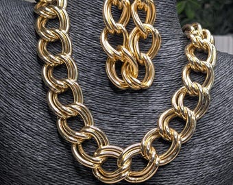 Vintage ketting/armbandset goudkleurige dikke dubbele schakelketting Statement