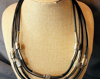 Chico's Multi Strand Leather Silver Tone Layered Statement Necklace 20"