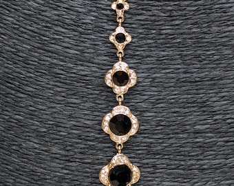 Gold Tone Black Rhinestone Quatrefoil Drop Necklace Dangle Pendant Elegant