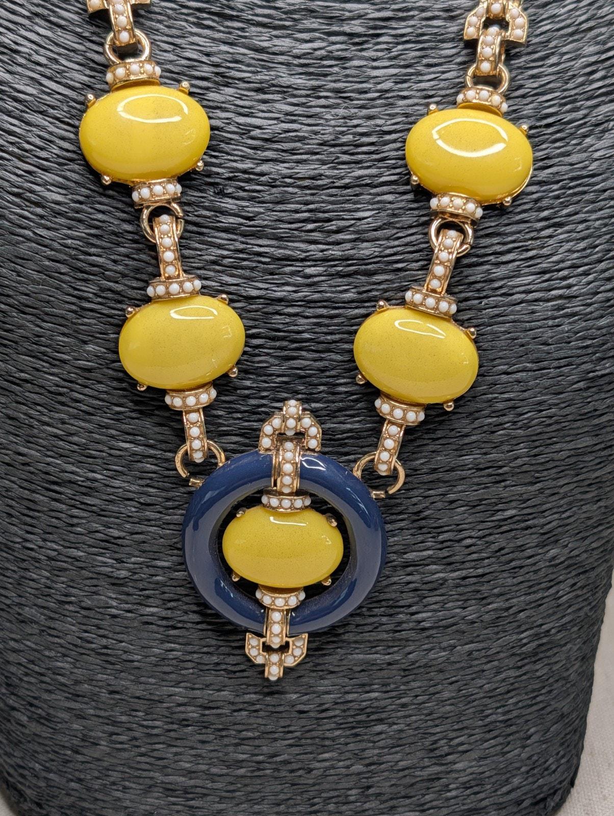 Talbots Neckless Vintage Talbots Gold Tone Statement Necklace Yellow Cabochon Blue ...
