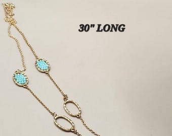 Long Gold Tone Necklace Turquoise Bead Stations Oval Link Chain Statement Boho