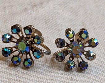 Vintage AB Rhinestone Earrings Gold Tone Screwback Blue Green Starburst