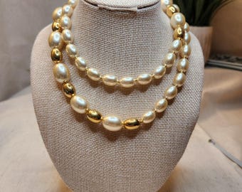 Vintage Napier 28" Faux Pearl & Gold Tone Beaded Necklace Long Elegant Classic