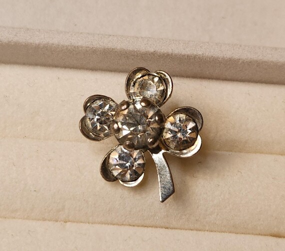 Vintage Little Rhinestone Four Leaf Clover Brooch, Retro Mid-Century Lapel Pin
