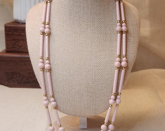 Vintage Blush Pink Necklace Double Strand Gold Tone Acrylic Tube Beads 80's