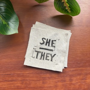 Gender Pronoun Patches | Hand-Carved Block Print Art Ecofriendly Sustainable Fashion