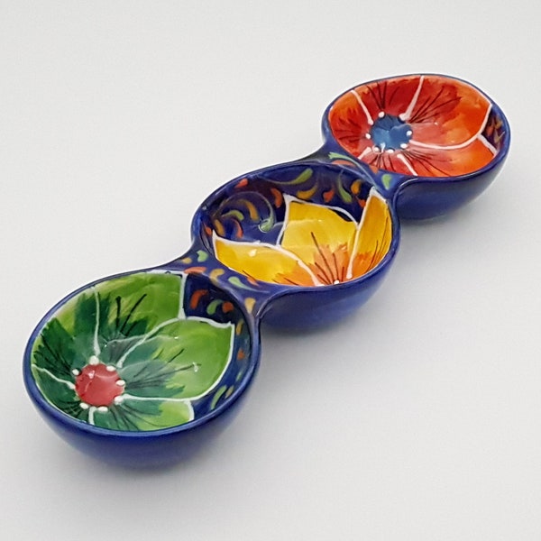 Triple Compartment Long Tapas Dish 24.5 cm x 8 cm Spanish Handmade Ceramic Pottery