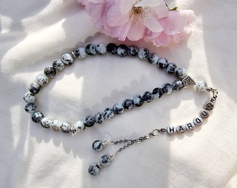 Personalized prayer beads, black, white, gray, turquoise