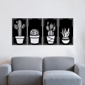 Wood Cactus Wall Decor 4 Pieces Set, Kitchen Large Wall Art, Minimalist Flower Wall Panel, Nature Lover