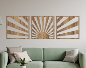 Sunshine Minimalist Design, Modern Large Boho Wall Decor, Panorámico Sun Wooden Set of 3 Art, Sunset Neutral Wall Panel