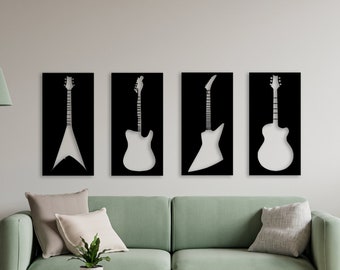 Guitar Wooden Wall Art, Set of 4 Music Wall Decor, Acoustic, Bass, Electric Guitar Panel