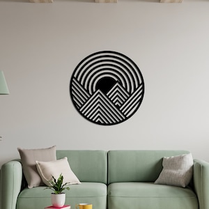 Mountain Wood Wall Art, Large Round Geometric Wall Decor, Circle Mountain Sun Landscape Art
