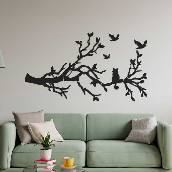Large Branches Wooden Wall Decor, Oak Tree Wall Art, Forest Nature Decor, Tree of Life Wooden Art, Cat and Birds Decor