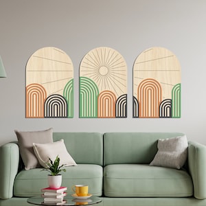 Decorazione da parete moderna di metà secolo, set geometrico di 3 arte da parete, forme astratte in legno, arte da parete moderna verde-arancione, compensato di betulla fatto a mano