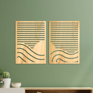 Sun and Sea Wall Art, Wooden Wave Wall Panel, 2 Piece Wall Decor, Ocean Sunrise Nautical Decor