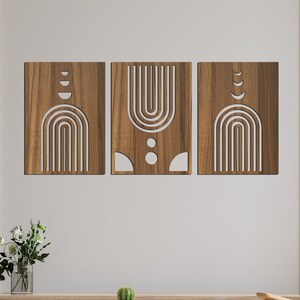 Mid Century Moderne Houten Kunst aan de Muur, Geometrische Boho Boven Bed Decor, Set van 3 Wand paneel, Cadeau voor natuurliefhebber