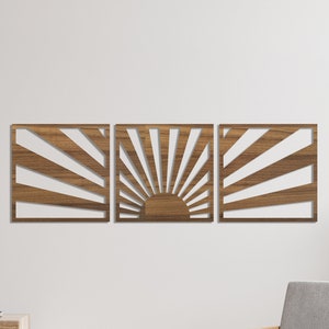 Boho Sunshine Wood Wall Art, Modern Sunset Wall Decor, Neutral Sunrise Wall Panel, Panoramic Sun Wooden Set of 3 Art