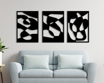 Abstract Modern Wall Art, Minimalist Set of 3 Wall Decor, Black Wood Wall Decor