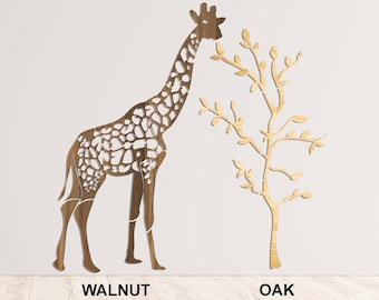 Hölzerne Giraffen-Wand-Dekor, Tier und Baum-Kinderzimmer-Wand-Kunst, große hölzerne Kinderzimmer-Dekor, Walnuss-Eichen-Verkleidung