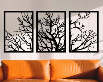 Large Tree Wood Wall Art, Branch Wall Panel, 3 Panels Wooden Decor, Handmade Home Decoration