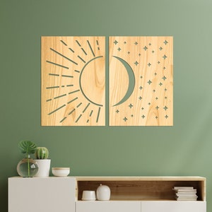 Day and Night Wall Decor, Sun and Moon Wall Art Set, Boho Mid Century Modern Interior, Living Room Above Bed Decor, Geometric Line Art