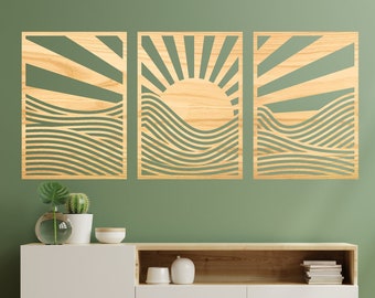 Sun and Mountain Wall Decor, Mid Century Modern Wall Art, Boho Sunshine Set of 3 Panel, Minimal Landscape Silhouette, Retro Wall Art Set